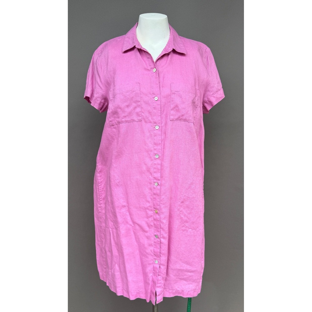 J Jill Linen Shirt Dress Medium Pink Short Sleeve Button Front Pockets Coastal